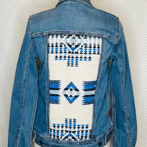 OOAK UpCycled western jean jacket w. multi colored Blue Aztec wool - S